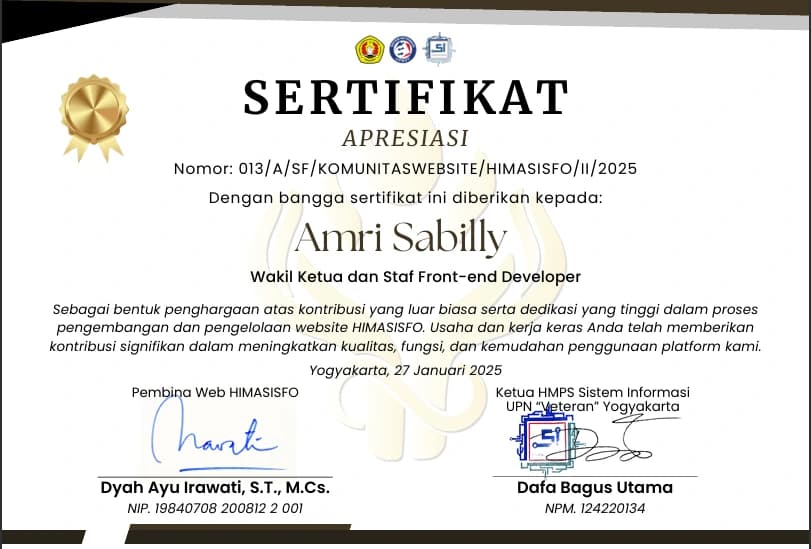 Sertifikasi kontribusi pengembangan website HIMASISFO